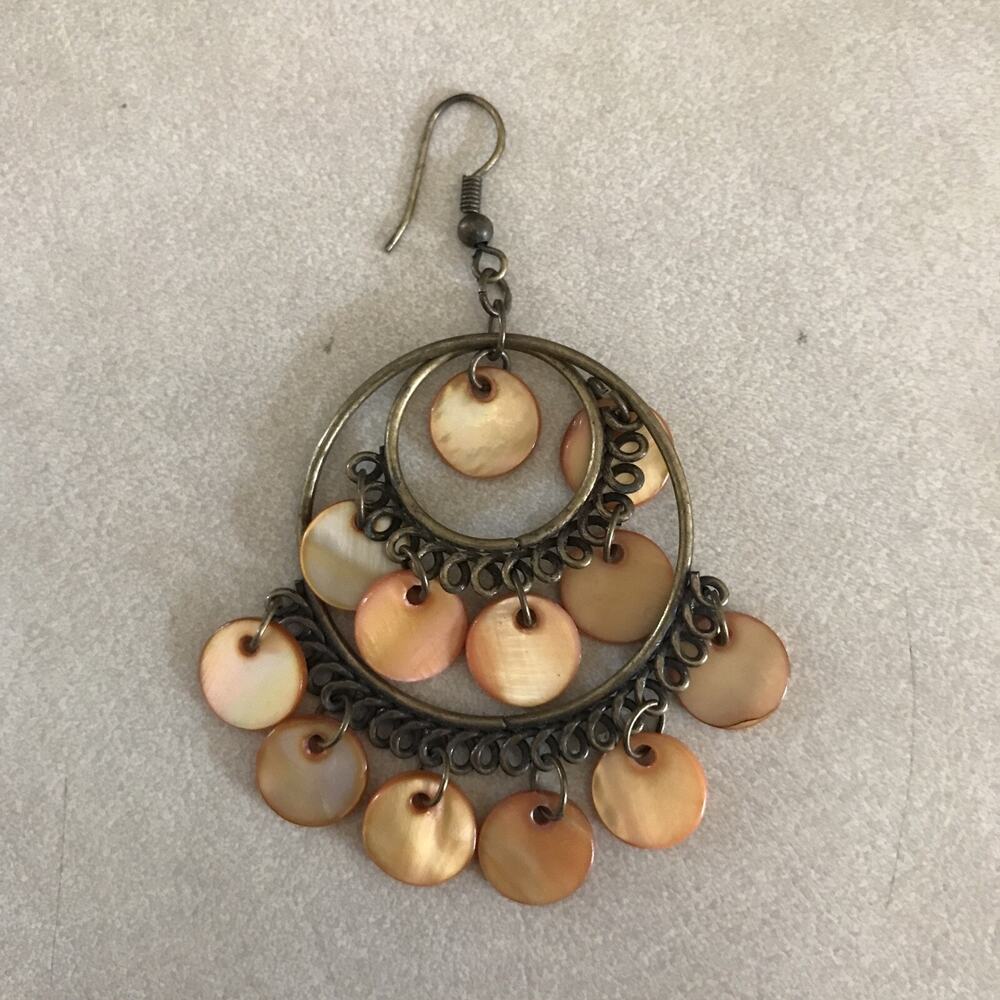 Orange Salmon Mother Pearl Shell Antique Brass Beaded Chandelier Dangle Earrings